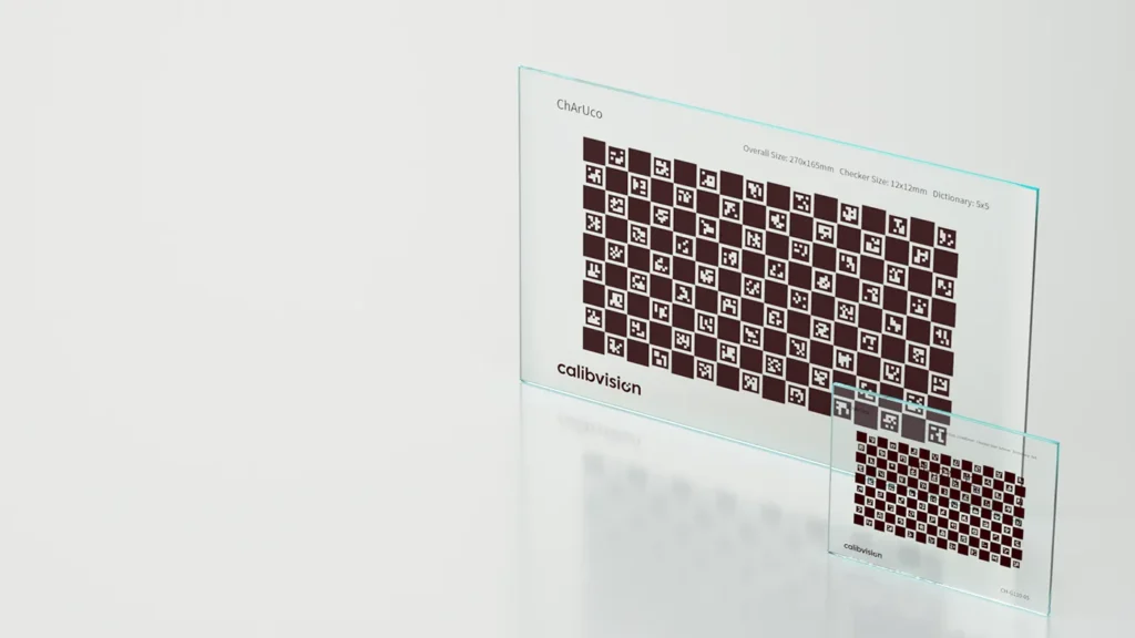 ChArUco calibration board on soda-lime glass with laser-written brown chrome pattern, ±1µm accuracy