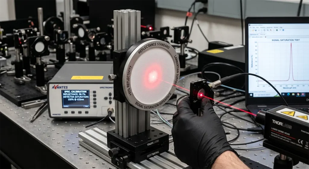 LiDAR performance test lab setup with sensor on optical bench aimed at multi-zone reflectance target at controlled distance