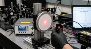 LiDAR performance test lab setup with sensor on optical bench aimed at multi-zone reflectance target at controlled distance