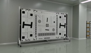 iso 12233 resolution test chart mounted on a calibvision test bench with camera setup, illustrating the six common setup mistakes that affect sfr measurement accuracy