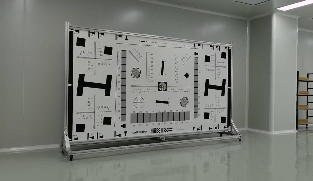 iso 12233 resolution test chart mounted on a calibvision test bench with camera setup, illustrating the six common setup mistakes that affect sfr measurement accuracy