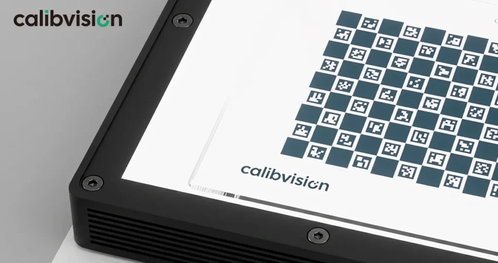 calibvision quartz glass charuco calibration board, backlit, showing aruco codes inside checkerboard squares